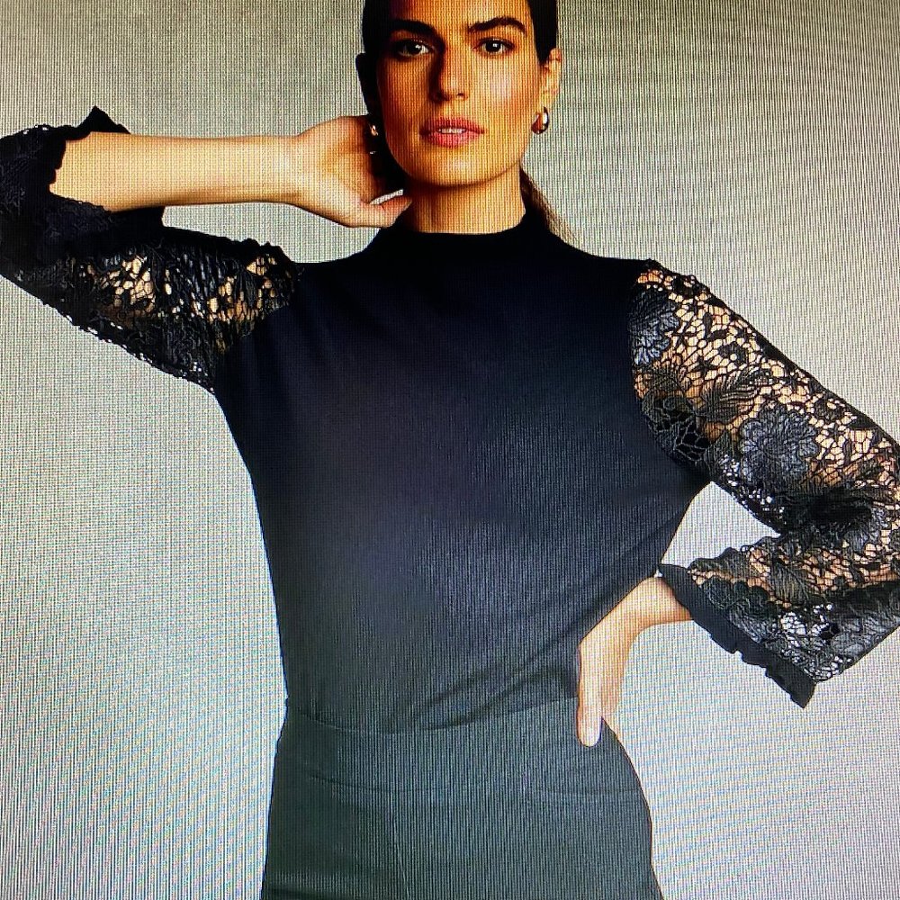 Chico's Crochet Lace Sleeve Pullover Sweater